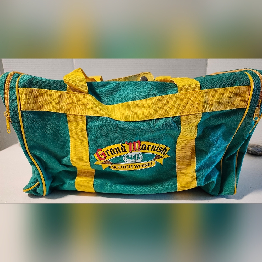 Vintage Grand Macnish Scotch Whiskey Green Duffle Bag 16" X 8" Zippered Pockets